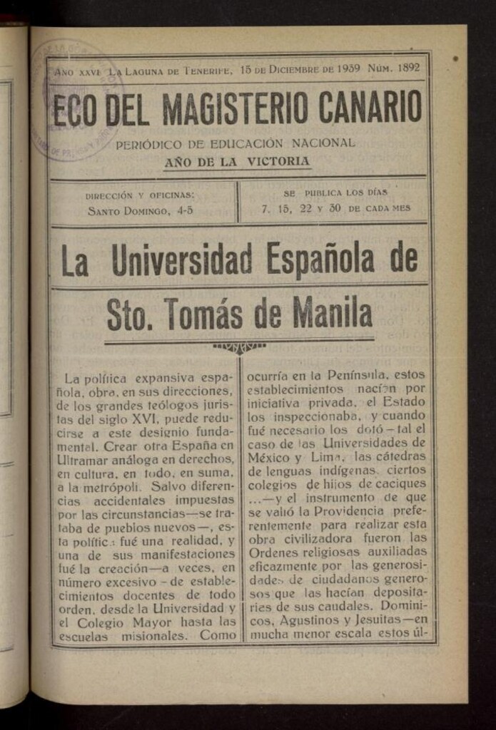 Miniatura de Eco del Magisterio Canario: periódico de instrucción pública del 15 de diciembre de 1939, nº 1892