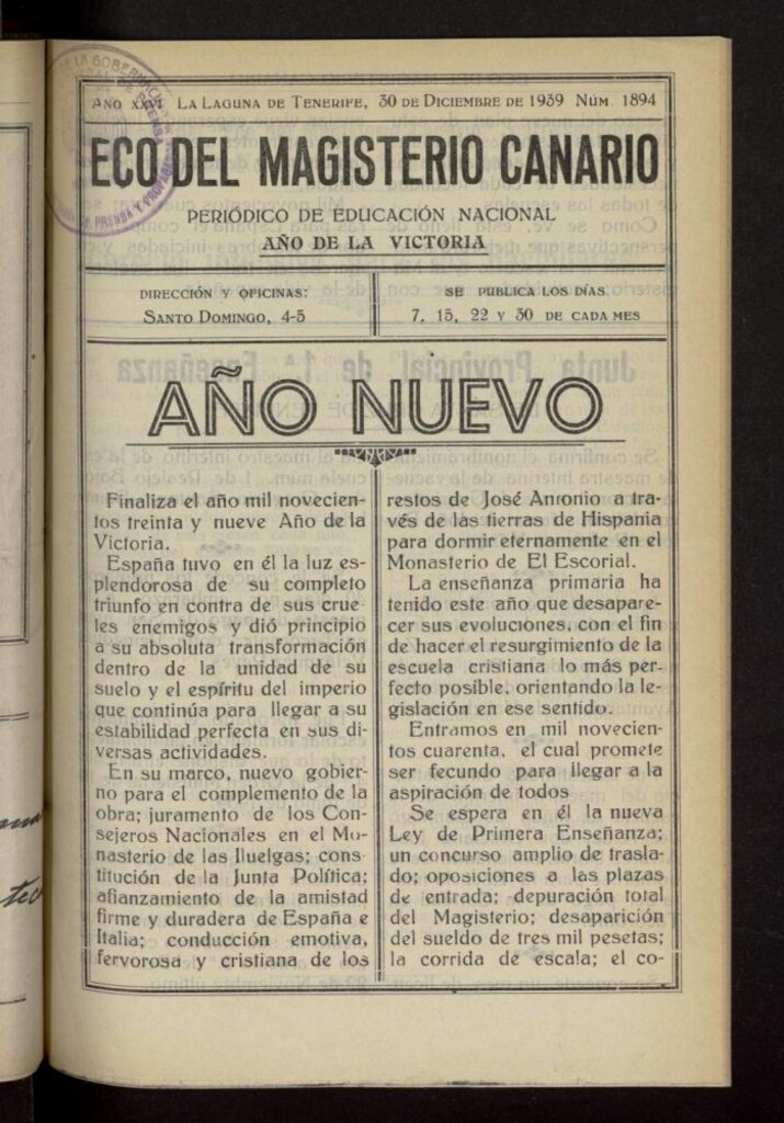 Miniatura de Eco del Magisterio Canario: periódico de instrucción pública del 30 de diciembre de 1939, nº 1894