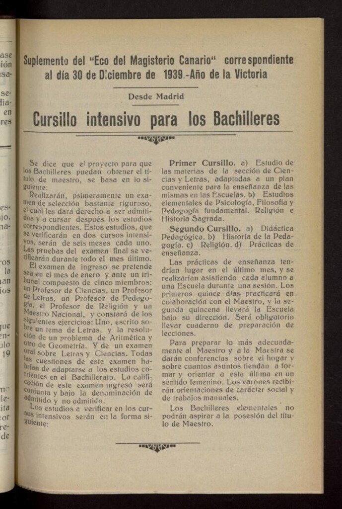Miniatura de Suplemento del Eco del Magisterio Canario del 30 de diciembre de 1939