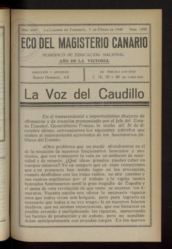 Miniatura de Eco del Magisterio Canario: periódico de instrucción pública del 7 de enero de 1940, nº 1895