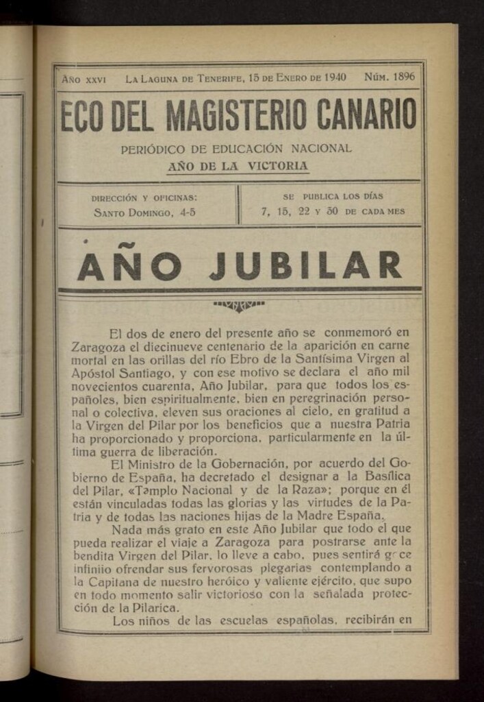 Miniatura de Eco del Magisterio Canario: periódico de instrucción pública del 15 de enero de 1940, nº 1896
