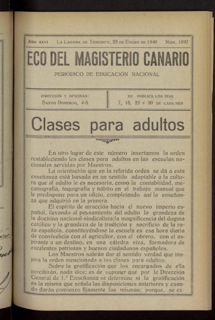 Miniatura de Eco del Magisterio Canario: periódico de instrucción pública del 22 de enero de 1940, nº 1897