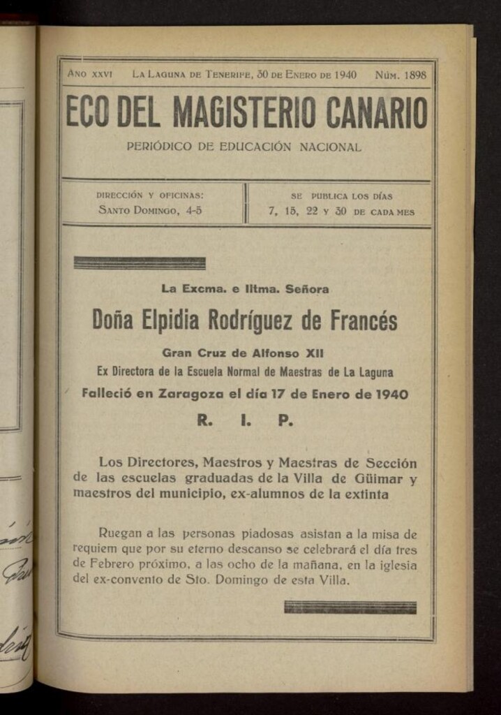 Miniatura de Eco del Magisterio Canario: periódico de instrucción pública del 30 de enero de 1940, nº 1898