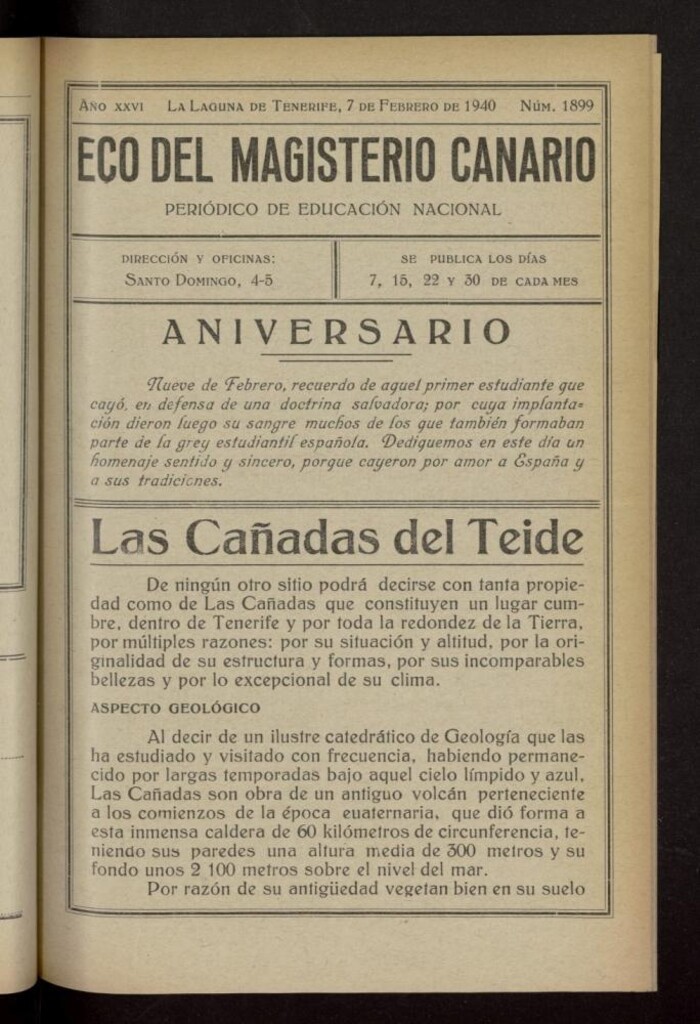 Miniatura de Eco del Magisterio Canario: periódico de instrucción pública del 7 de febrero de 1940, nº 1899