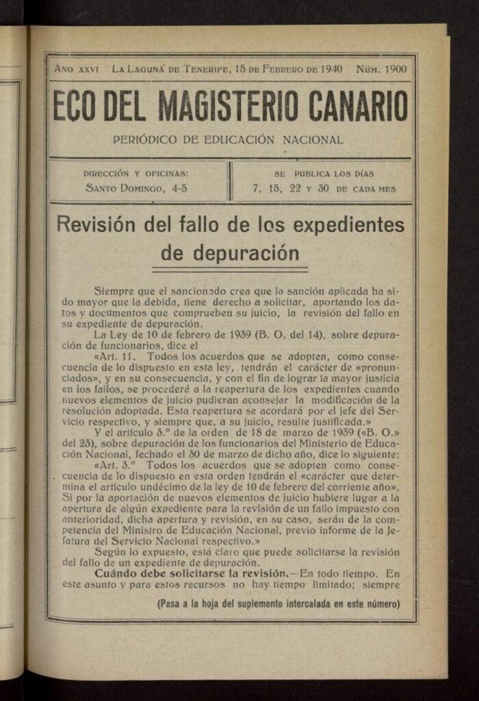 Miniatura de Eco del Magisterio Canario: periódico de instrucción pública del 15 de febrero de 1940, nº 1900