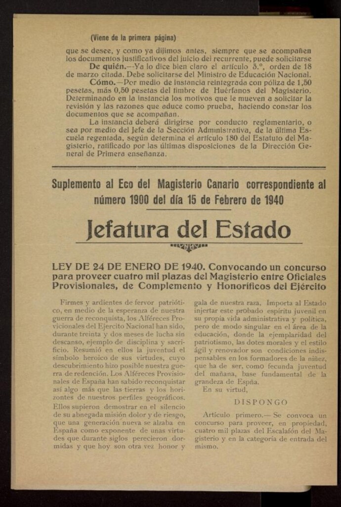 Miniatura de Suplemento del Eco del Magisterio Canario del 15 de febrero de 1940