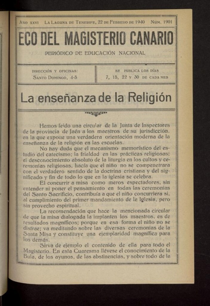 Miniatura de Eco del Magisterio Canario: periódico de instrucción pública del 22 de febrero de 1940, nº 1901