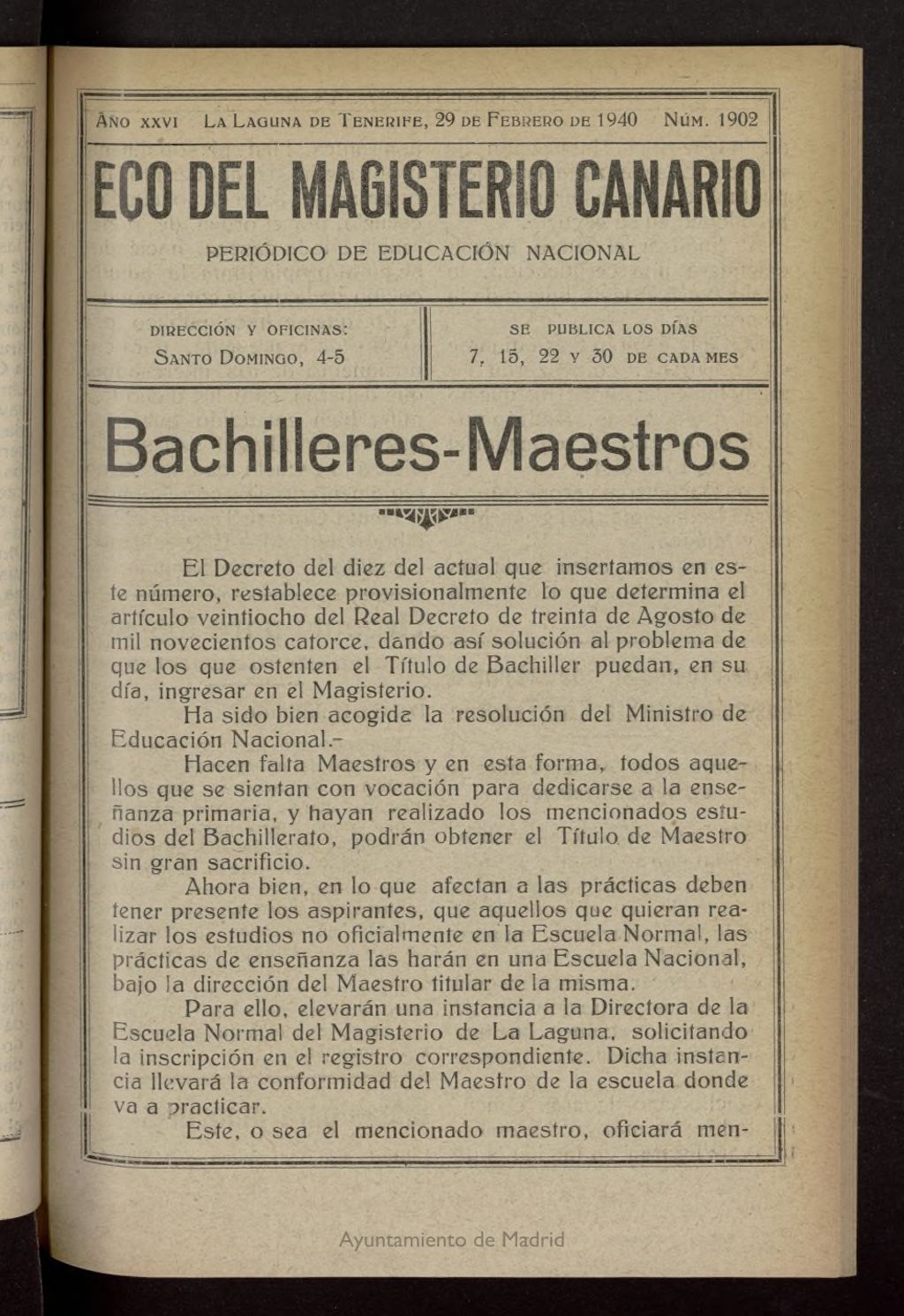 Miniatura de Eco del Magisterio Canario: periódico de instrucción pública del 29 de febrero de 1940, nº 1902
