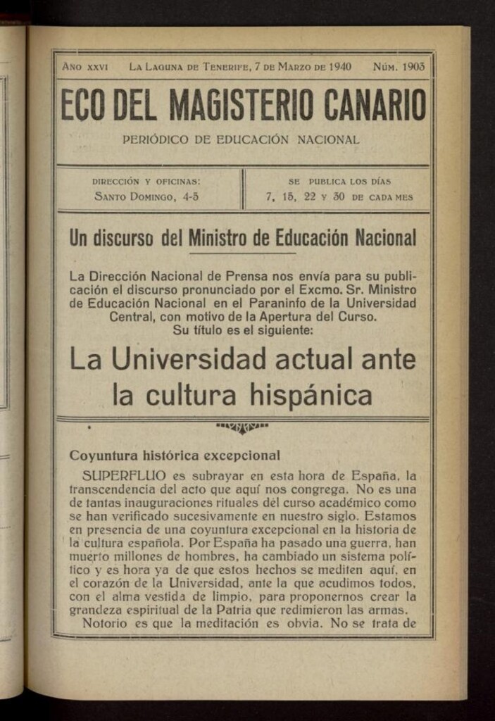Miniatura de Eco del Magisterio Canario: periódico de instrucción pública del 7 de marzo de 1940, nº 1903
