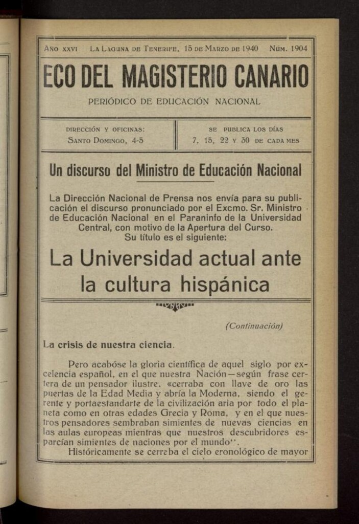 Miniatura de Eco del Magisterio Canario: periódico de instrucción pública del 15 de marzo de 1940, nº 1904