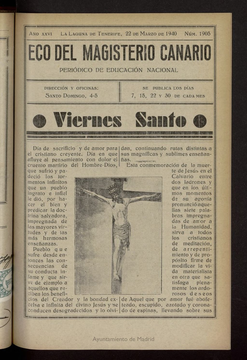 Miniatura de Eco del Magisterio Canario: periódico de instrucción pública del 22 de marzo de 1940, nº 1905
