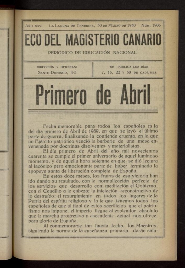Miniatura de Eco del Magisterio Canario: periódico de instrucción pública del 30 de marzo de 1940, nº 1906