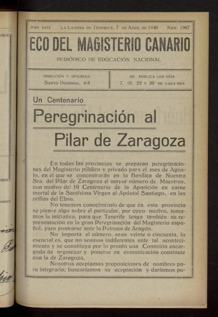 Miniatura de Eco del Magisterio Canario: periódico de instrucción pública del 7 de abril de 1940, nº 1907