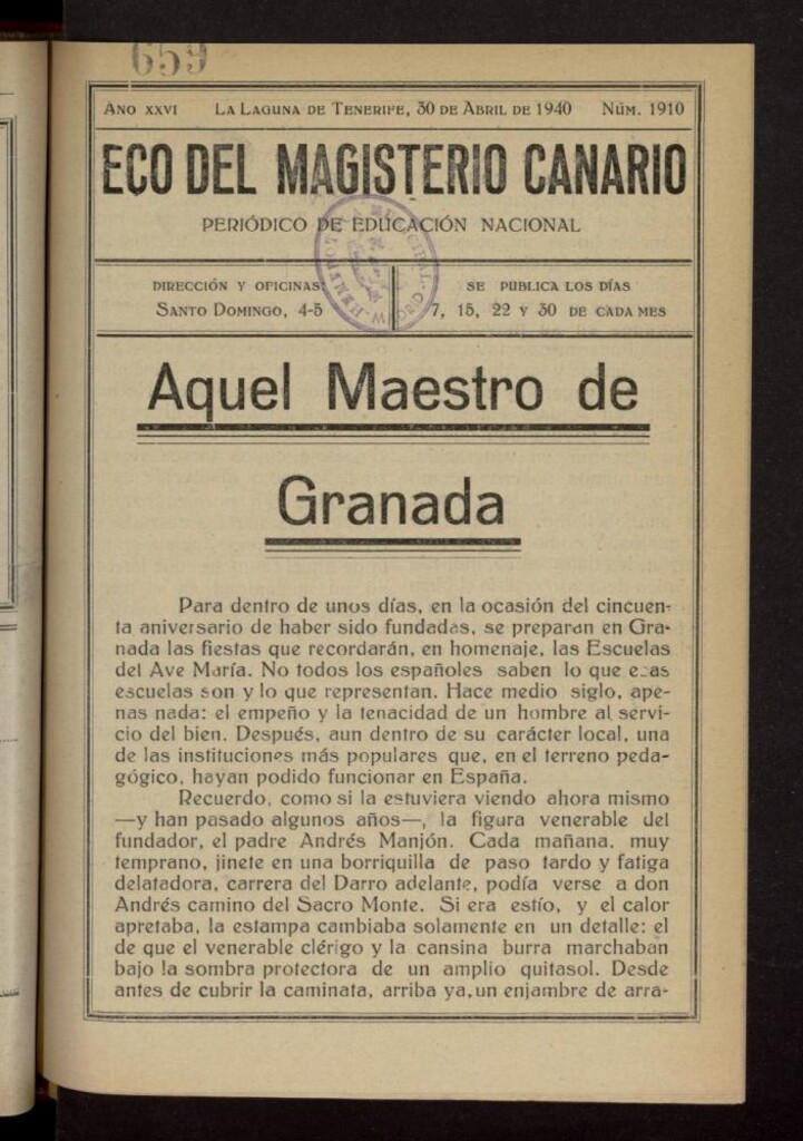 Miniatura de Eco del Magisterio Canario: periódico de instrucción pública del 30 de abril de 1940, nº 1910