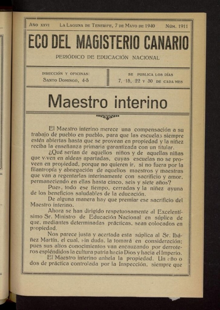 Miniatura de Eco del Magisterio Canario: periódico de instrucción pública del 7 de mayo de 1940, nº 1911