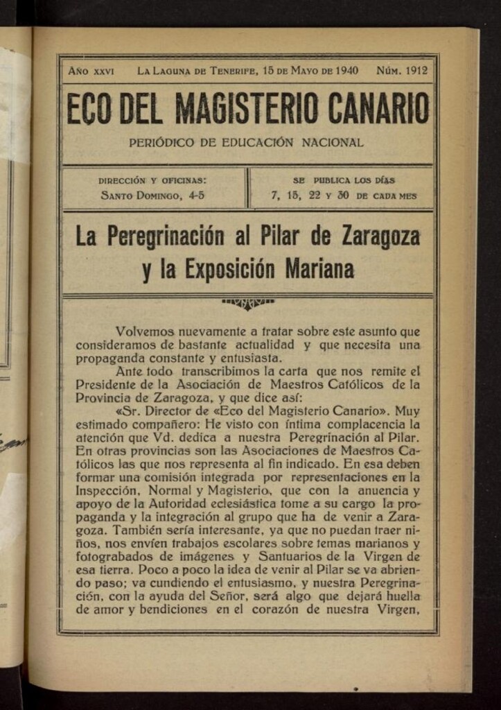 Miniatura de Eco del Magisterio Canario: periódico de instrucción pública del 15 de mayo de 1940, nº 1912