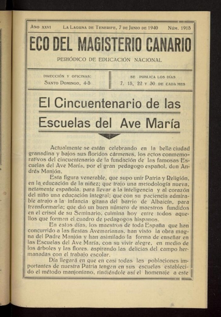 Miniatura de Eco del Magisterio Canario: periódico de instrucción pública del 7 de junio de 1940, nº 1915
