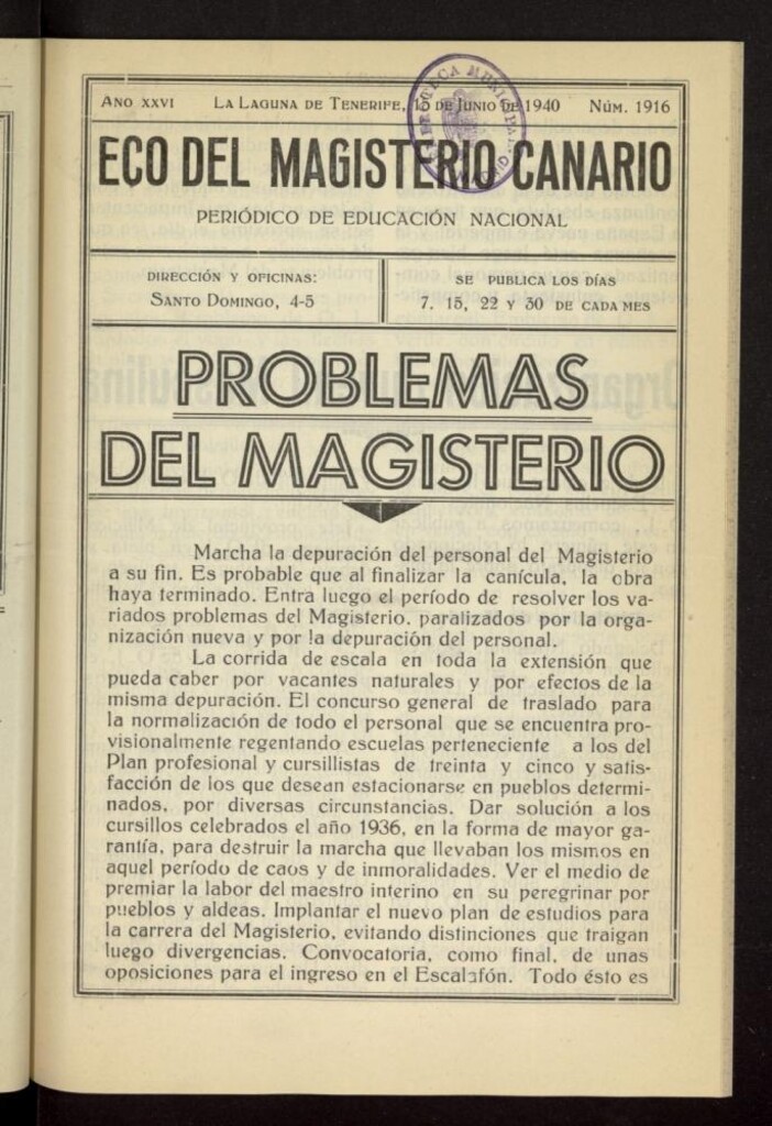 Miniatura de Eco del Magisterio Canario: periódico de instrucción pública del 15 de junio de 1940, nº 1916