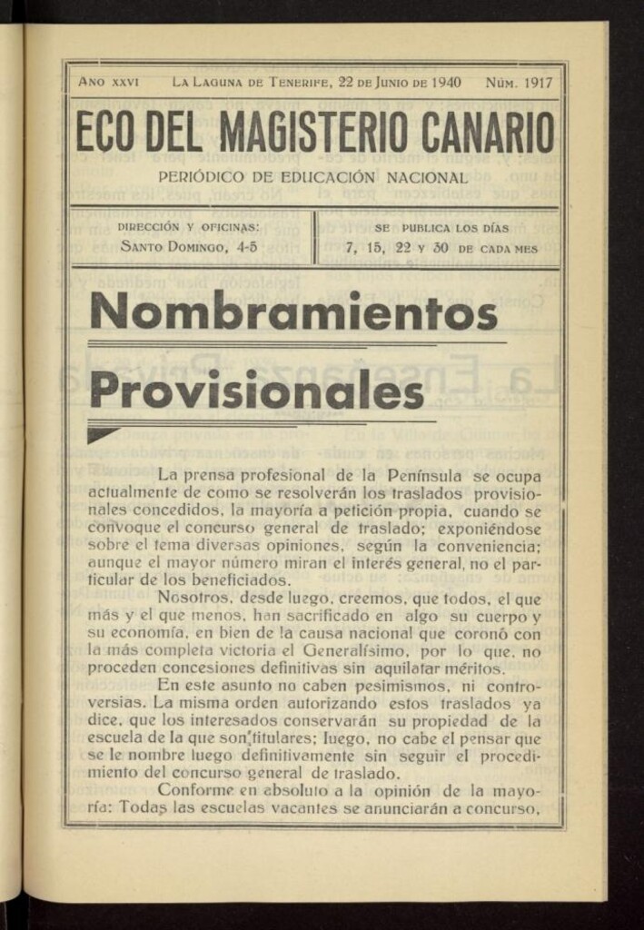 Miniatura de Eco del Magisterio Canario: periódico de instrucción pública del 22 de junio de 1940, nº 1917