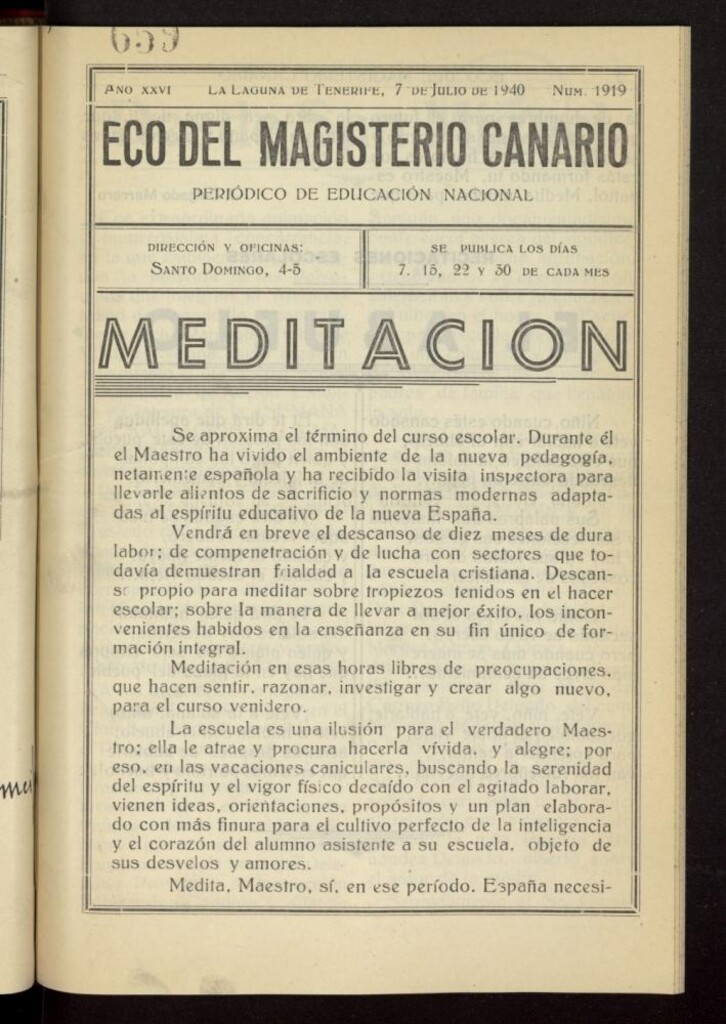 Miniatura de Eco del Magisterio Canario: periódico de instrucción pública del 7 de julio de 1940, nº 1919