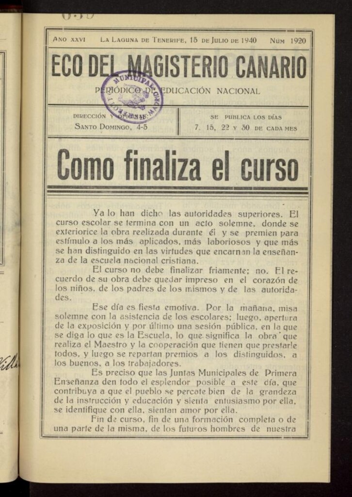 Miniatura de Eco del Magisterio Canario: periódico de instrucción pública del 15 de julio de 1940, nº 1920