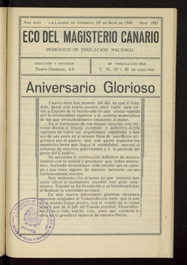 Miniatura de Eco del Magisterio Canario: periódico de instrucción pública del 22 de julio de 1940, nº 1921