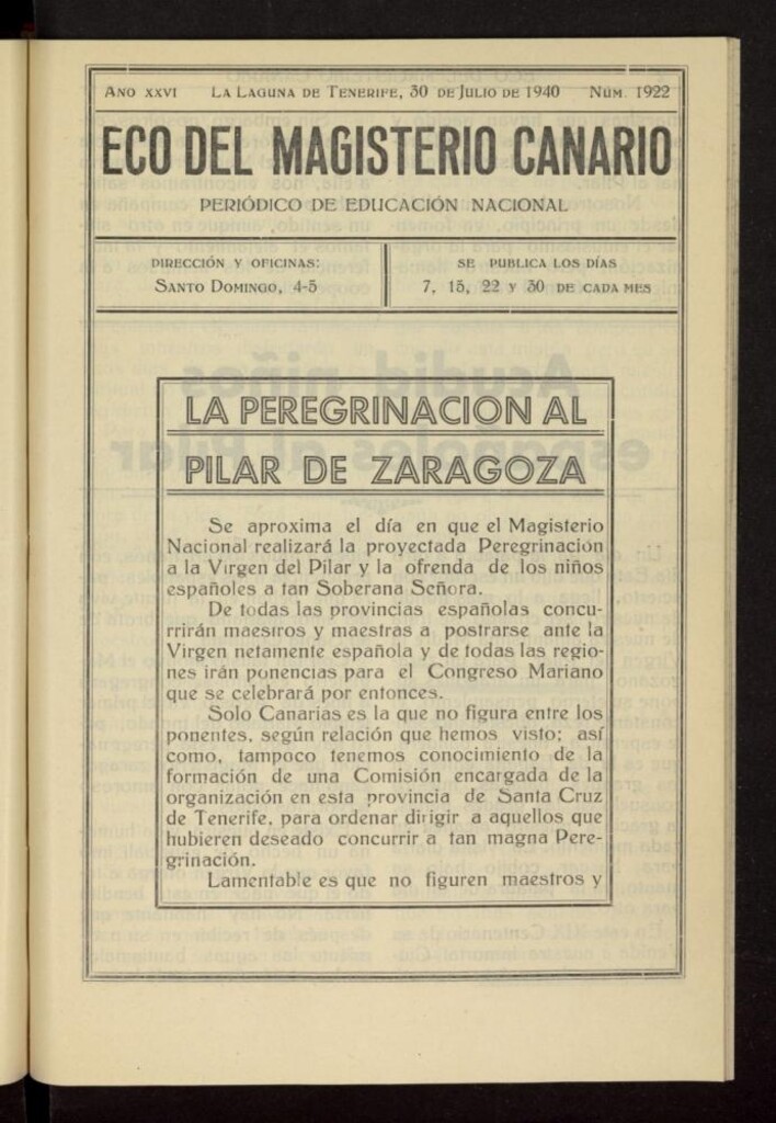 Miniatura de Eco del Magisterio Canario: periódico de instrucción pública del 30 de julio de 1940, nº 1922