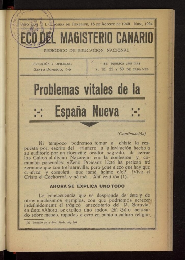 Miniatura de Eco del Magisterio Canario: periódico de instrucción pública del 15 de agosto de 1940, nº 1924