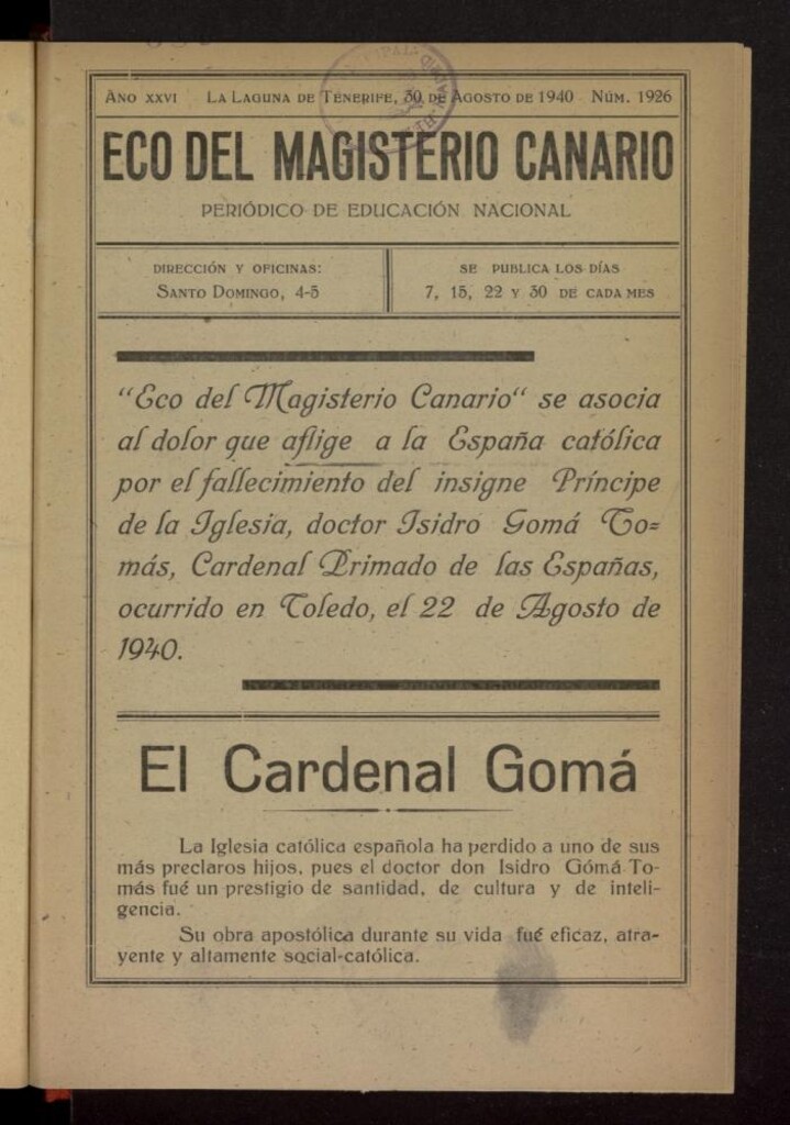 Miniatura de Eco del Magisterio Canario: periódico de instrucción pública del 30 de agosto de 1940, nº 1926