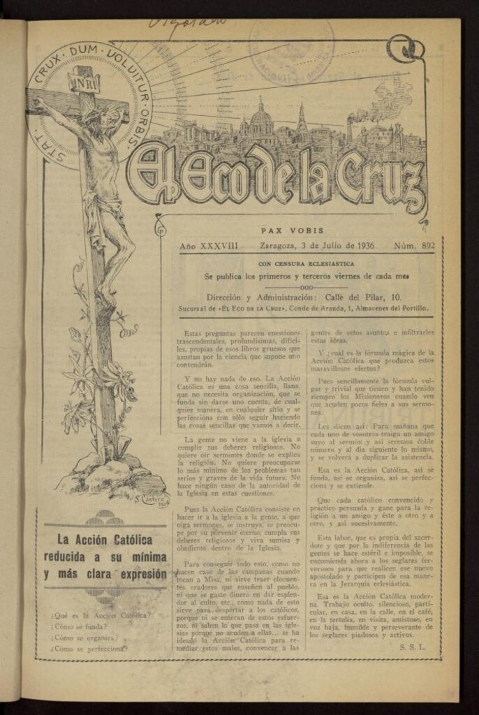 Miniatura de El Eco de la Cruz del 3 de julio de 1936, nº 892