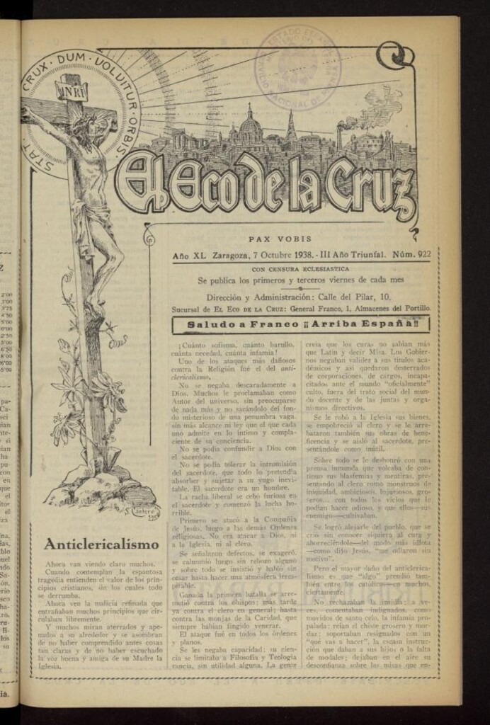 Miniatura de El Eco de la Cruz del 7 de octubre de 1938, nº 922