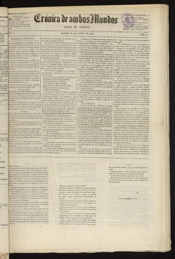 Miniatura de Crónica de ambos Mundos : diario de noticias del 22 de enero de 1861, nº 2