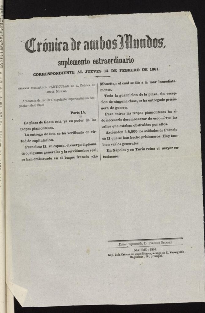 Miniatura de Crónica de ambos Mundos : diario de noticias Suplemento del 14 de febrero de 1861