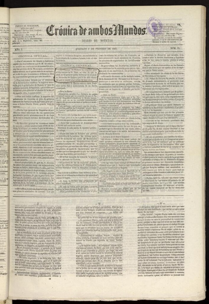 Miniatura de Crónica de ambos Mundos : diario de noticias del 2 de febrero de 1861, nº 12. Recogido