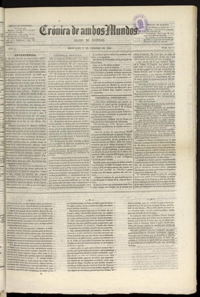Miniatura de Crónica de ambos Mundos : diario de noticias del 6 de febrero de 1861, nº 15