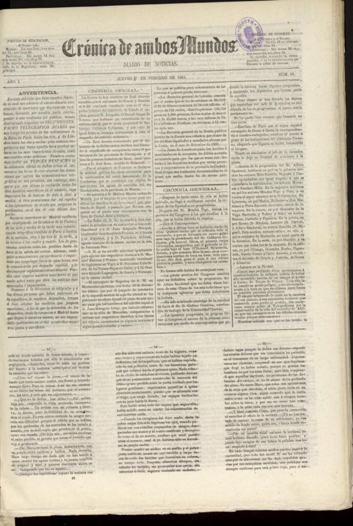 Miniatura de Crónica de ambos Mundos : diario de noticias del 7 de febrero de 1861, nº 16