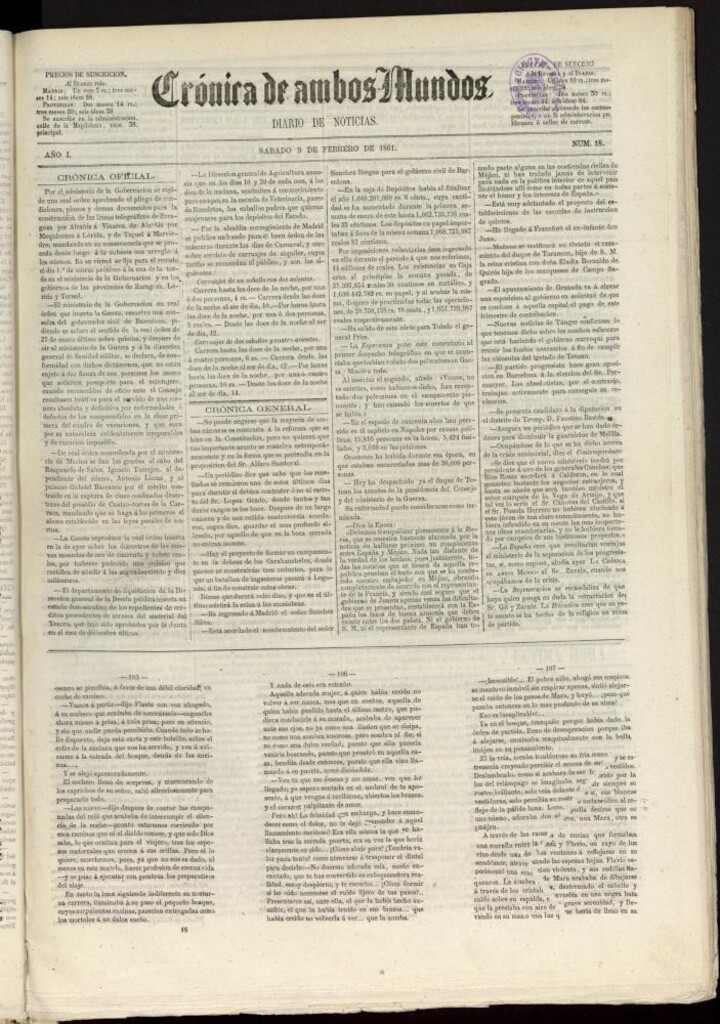 Miniatura de Crónica de ambos Mundos : diario de noticias del 9 de febrero de 1861, nº 18