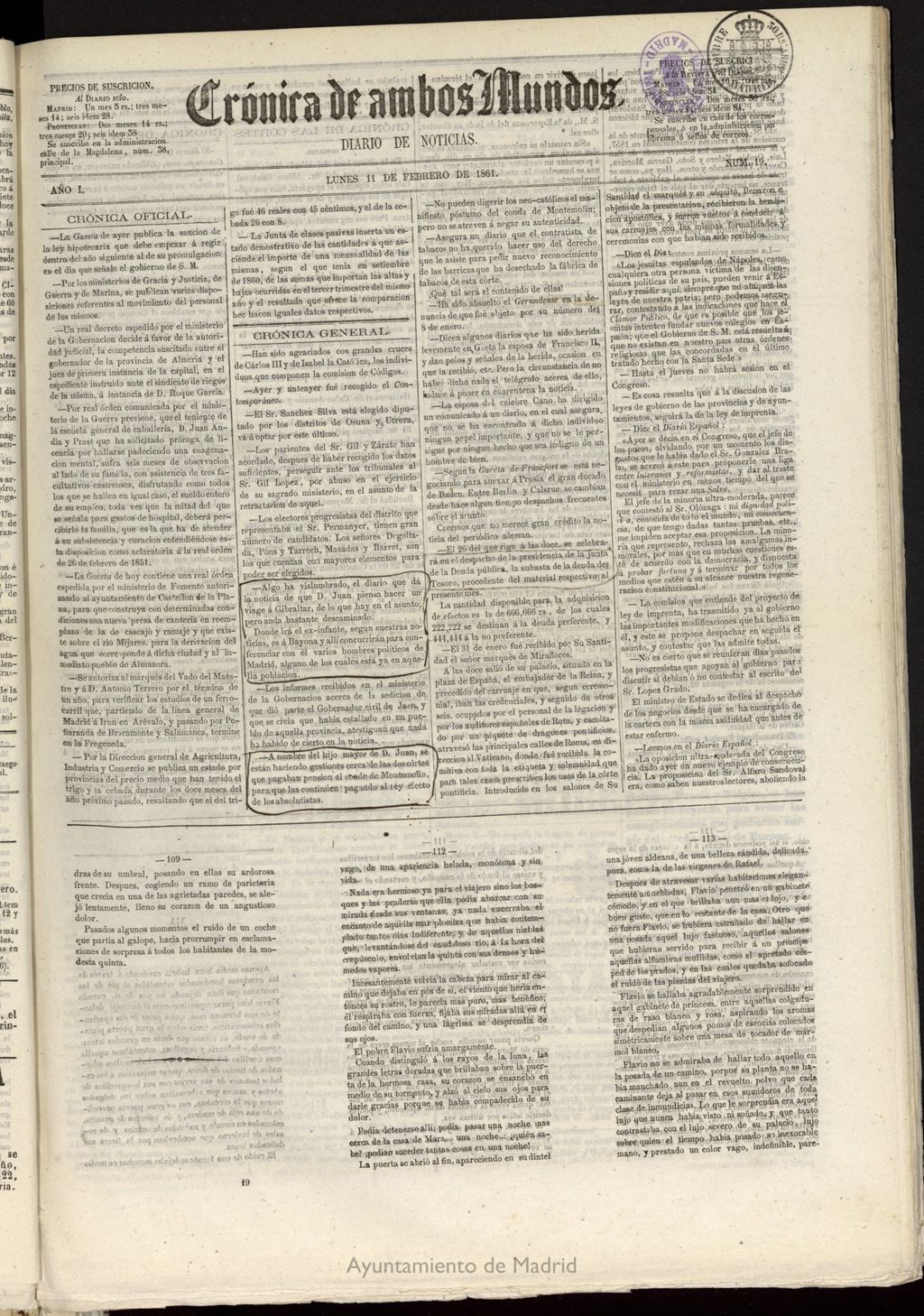 Miniatura de Crónica de ambos Mundos : diario de noticias del 11 de febrero de 1861, nº 19