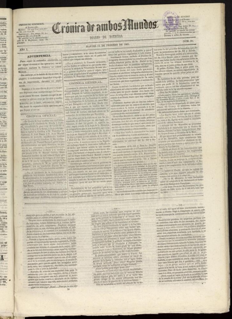 Miniatura de Crónica de ambos Mundos : diario de noticias del 12 de febrero de 1861, nº 20