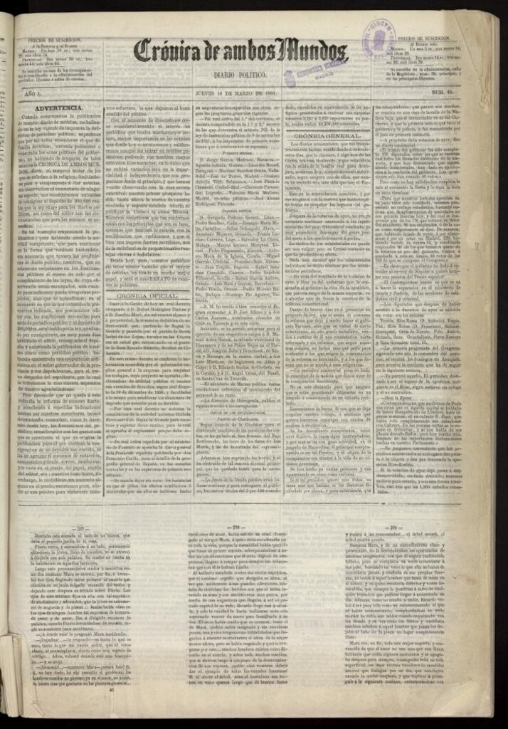 Miniatura de Crónica de ambos Mundos : diario de noticias del 14 de marzo de 1861, nº 45