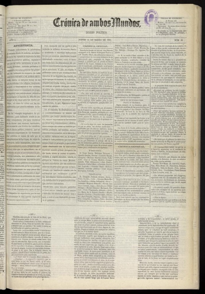 Miniatura de Crónica de ambos Mundos : diario de noticias del 14 de marzo de 1861, nº 45 (repetido)