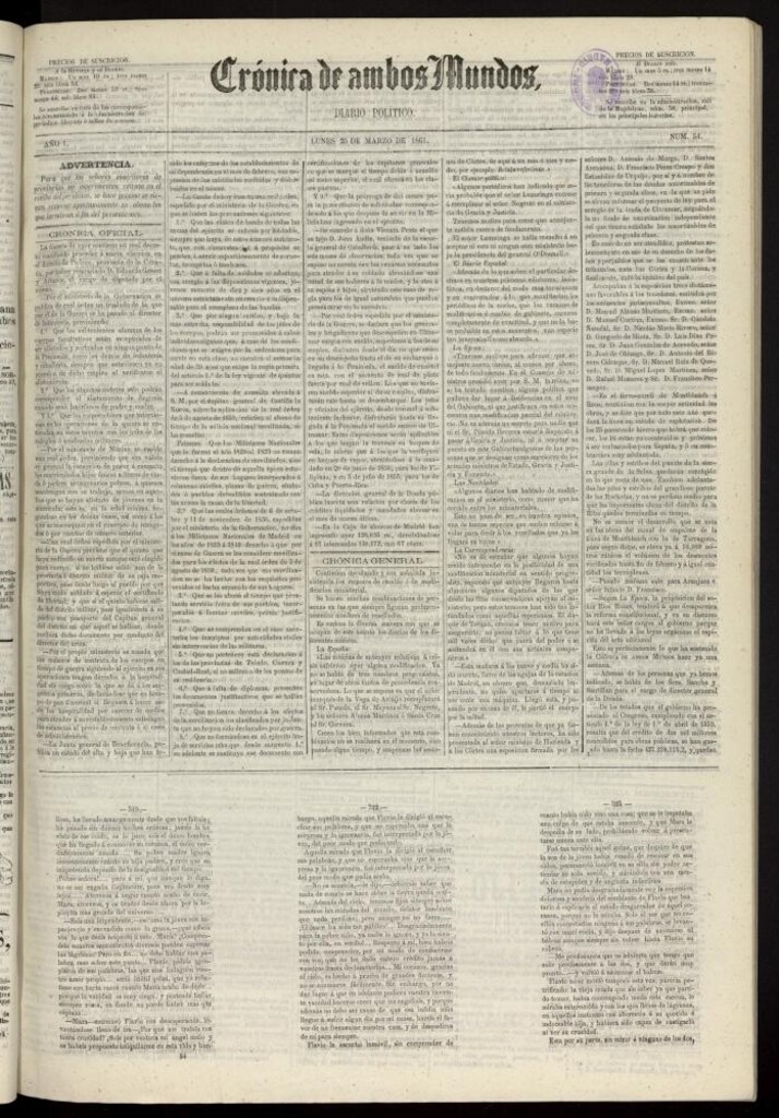 Miniatura de Crónica de ambos Mundos : diario de noticias del 25 de marzo de 1861, nº 54