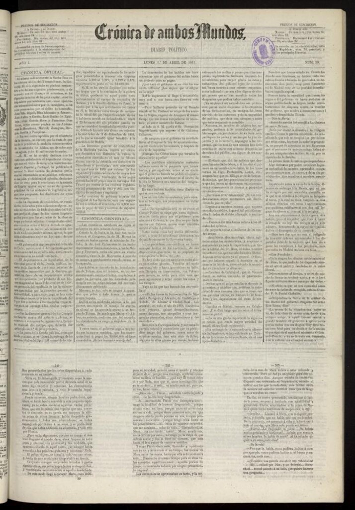Miniatura de Crónica de ambos Mundos : diario de noticias del 1 de abril de 1861, nº 59