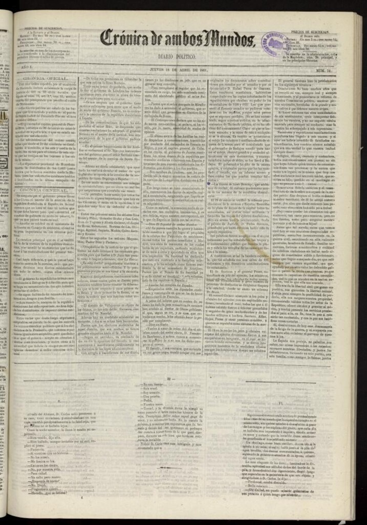 Miniatura de Crónica de ambos Mundos : diario de noticias del 18 de abril de 1861, nº 74