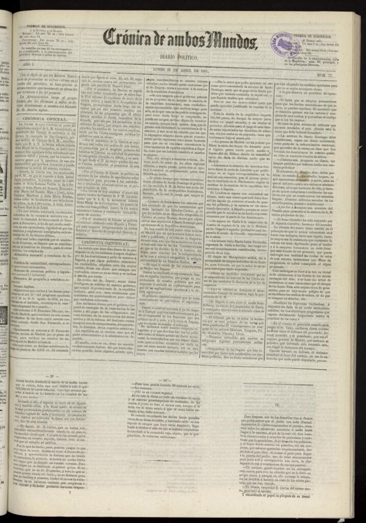 Miniatura de Crónica de ambos Mundos : diario de noticias del 22 de abril de 1861, nº 77