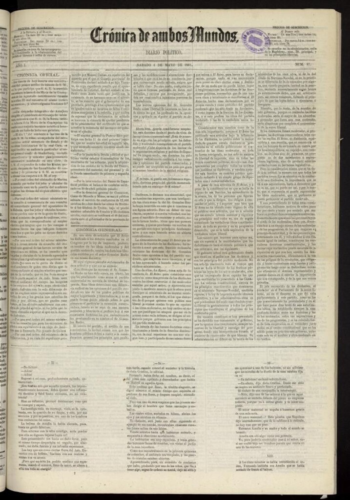 Miniatura de Crónica de ambos Mundos : diario de noticias del 4 de mayo de 1861, nº 87