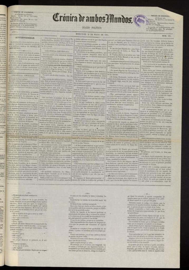 Miniatura de Crónica de ambos Mundos : diario de noticias del 29 de mayo de 1861, nº 107