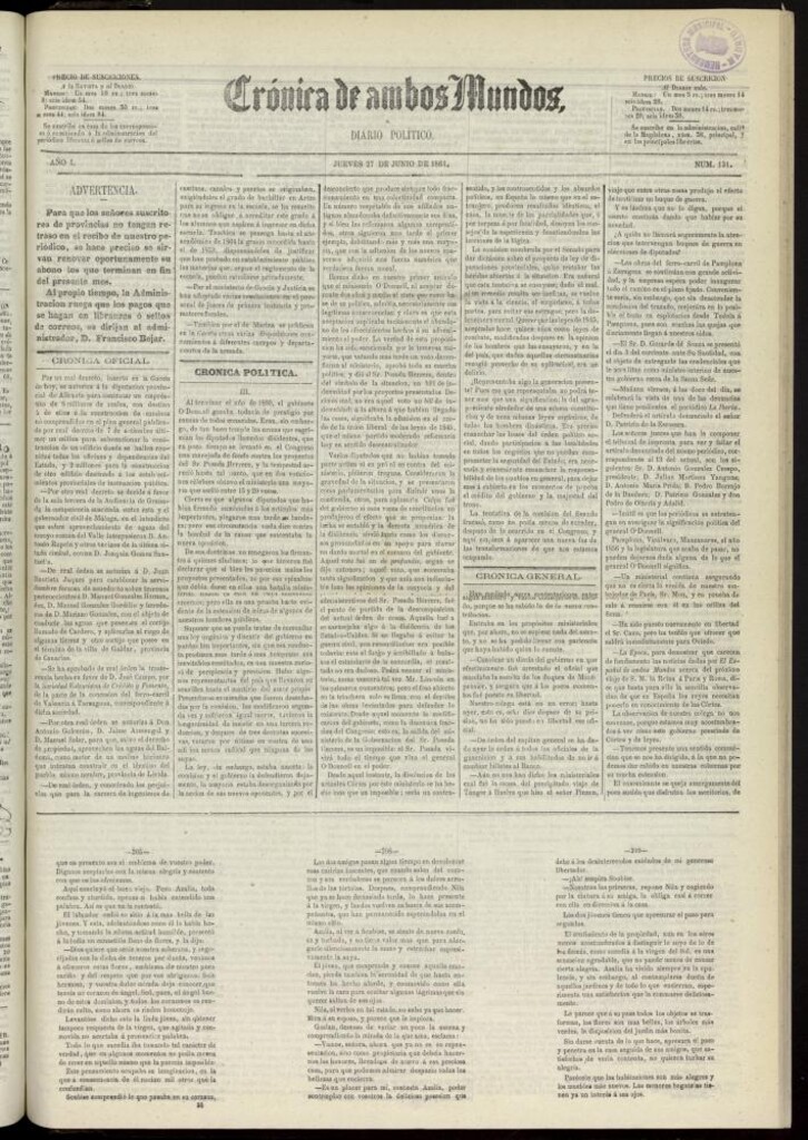 Miniatura de Crónica de ambos Mundos : diario de noticias del 27 de junio de 1861, nº 131