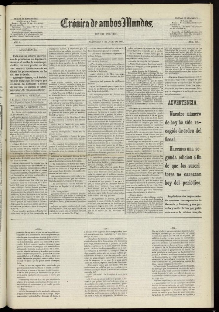 Miniatura de Crónica de ambos Mundos : diario de noticias del 3 de julio de 1861, nº 136. Recogido
