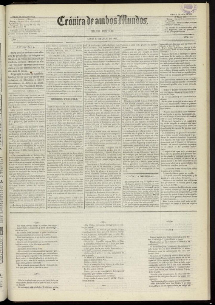 Miniatura de Crónica de ambos Mundos : diario de noticias del 1 de julio de 1861, nº 134